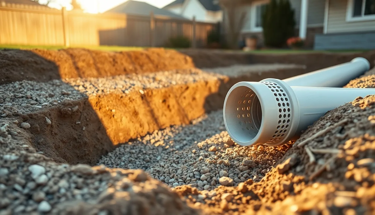 Open drain field trench with perforated pipe on crushed stone aggregate in a residential backyard