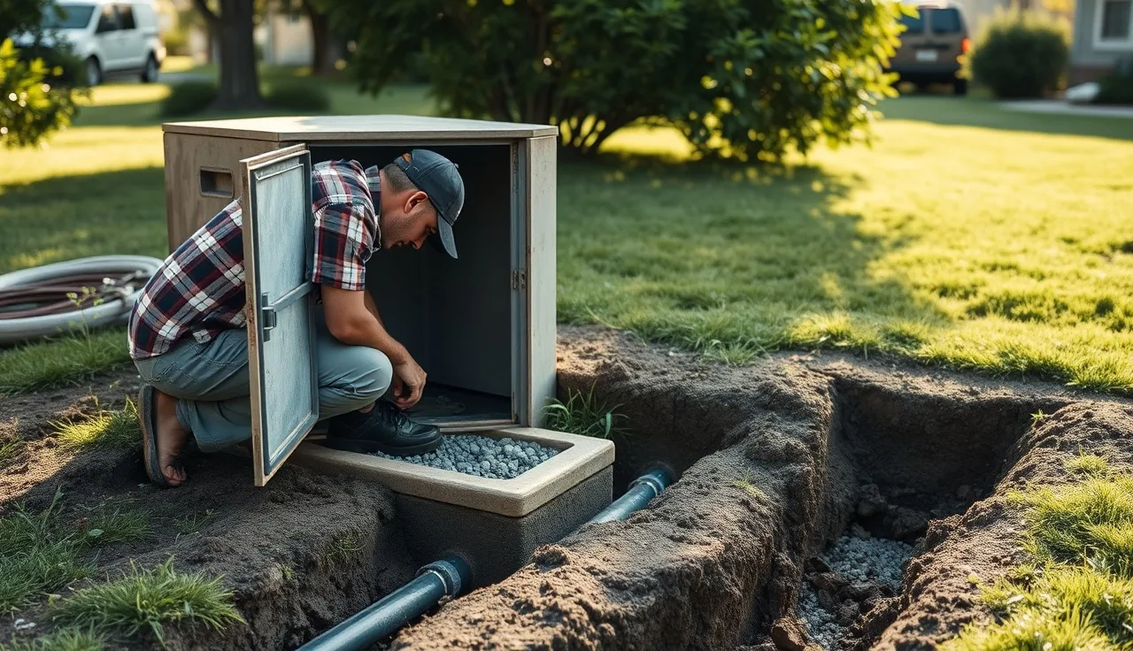 Technician inspecting an open septic distribution box above drain field trenches