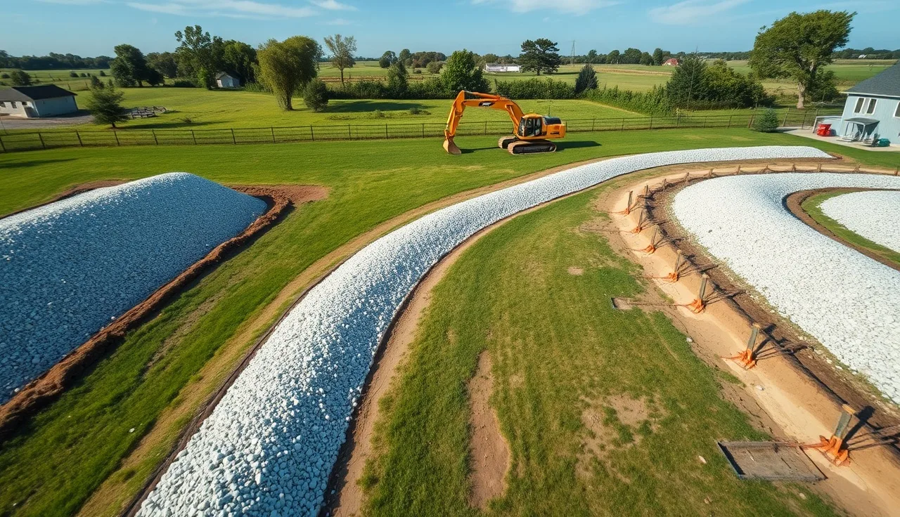 Freshly installed septic drain field trenches filled with crushed stone in a rural backyard