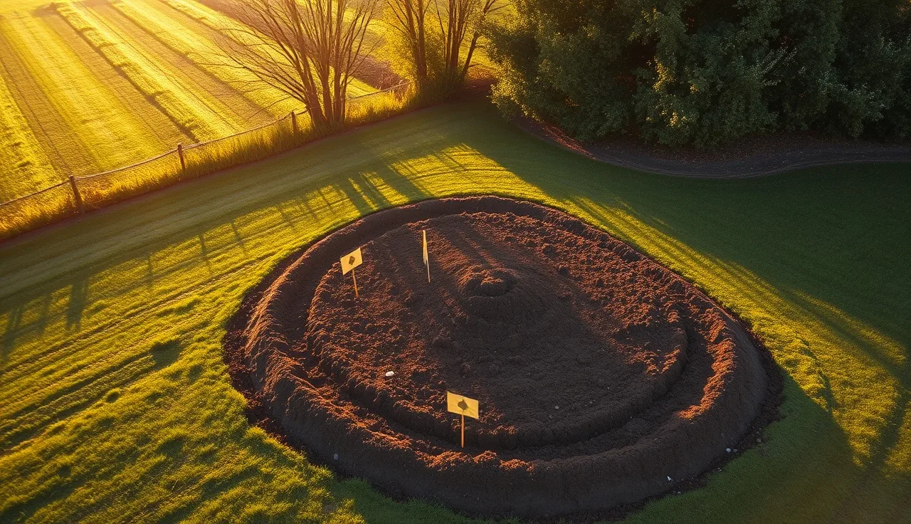 Aerial view of a freshly graded septic drain field in a rural backyard
