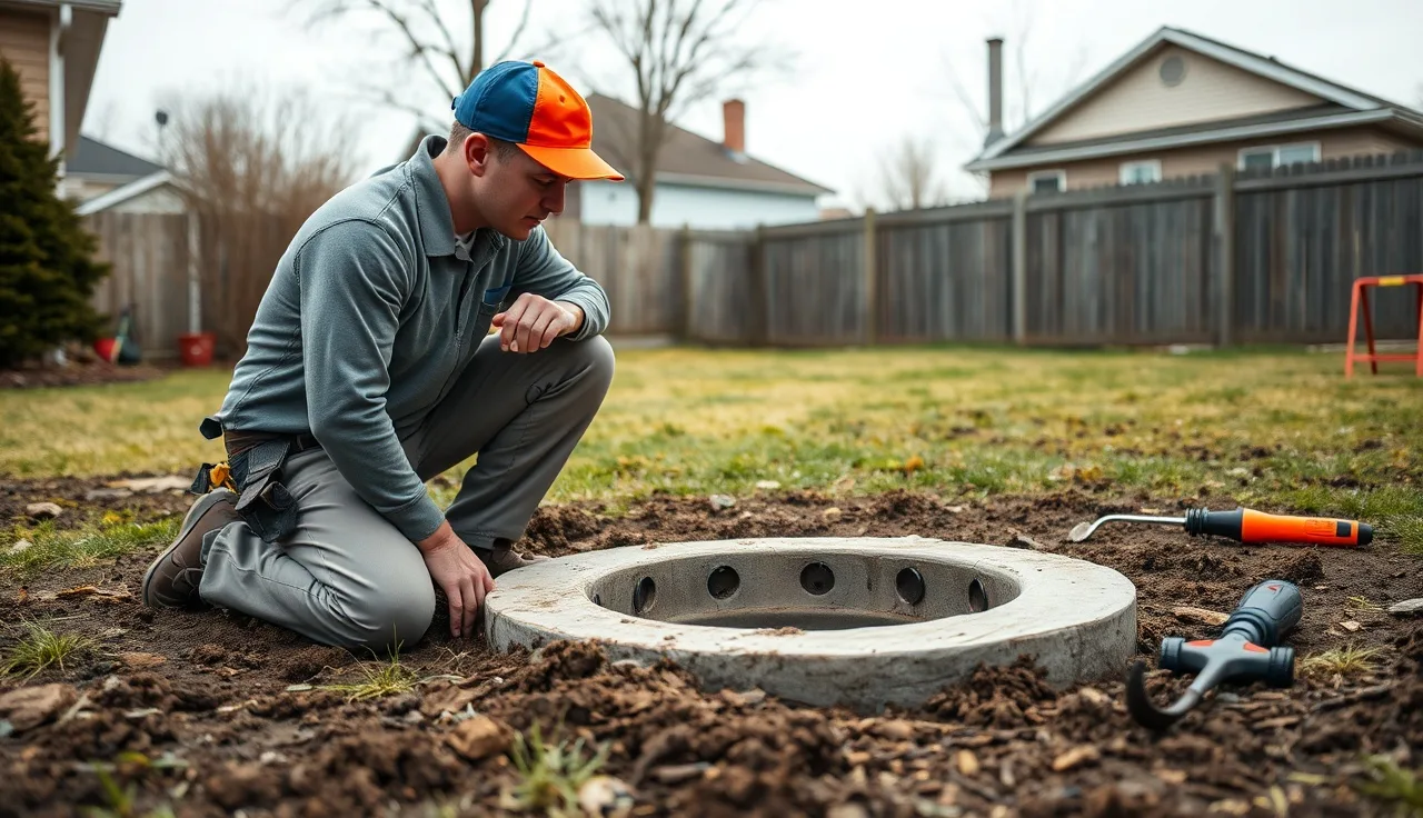 Inspector examining open septic tank riser in residential backyard after failed inspection