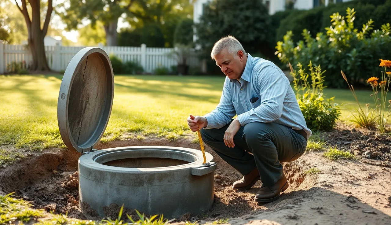 Inspector examining open septic tank during a property inspection in Amagansett