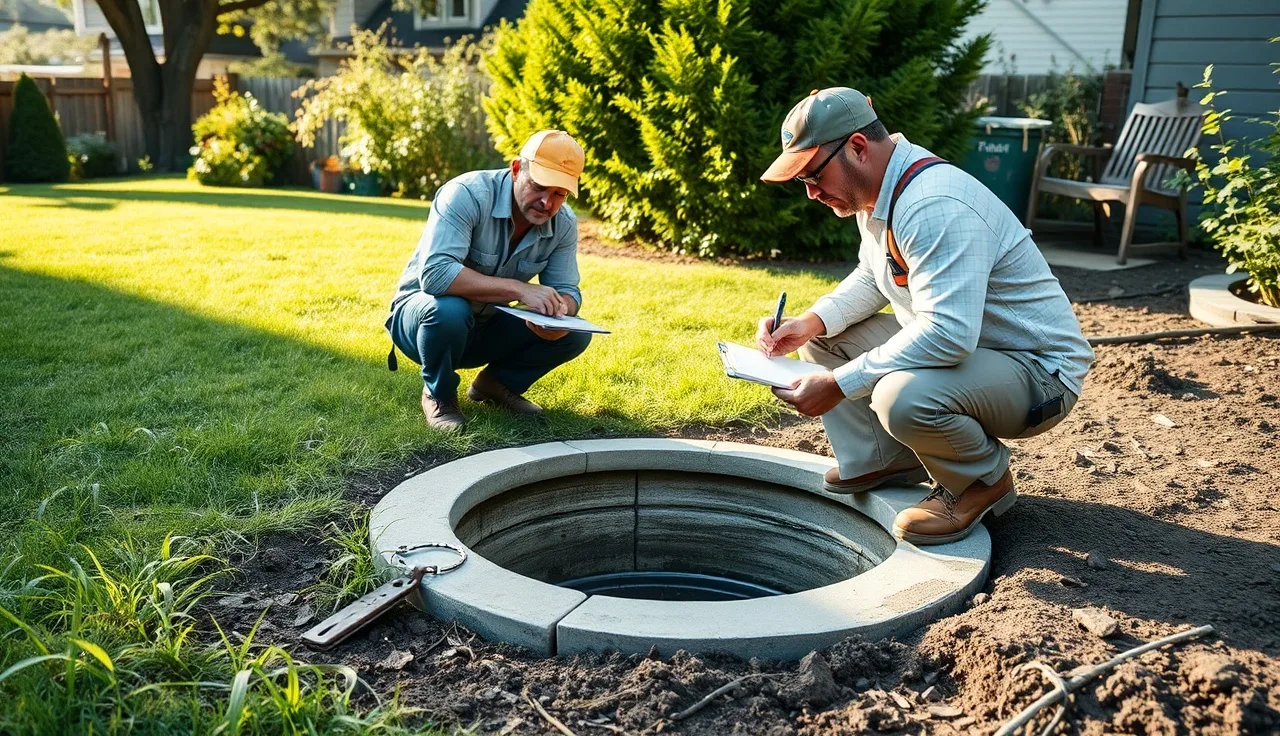 Septic inspector examining open cesspool lid in Aquebogue Long Island backyard