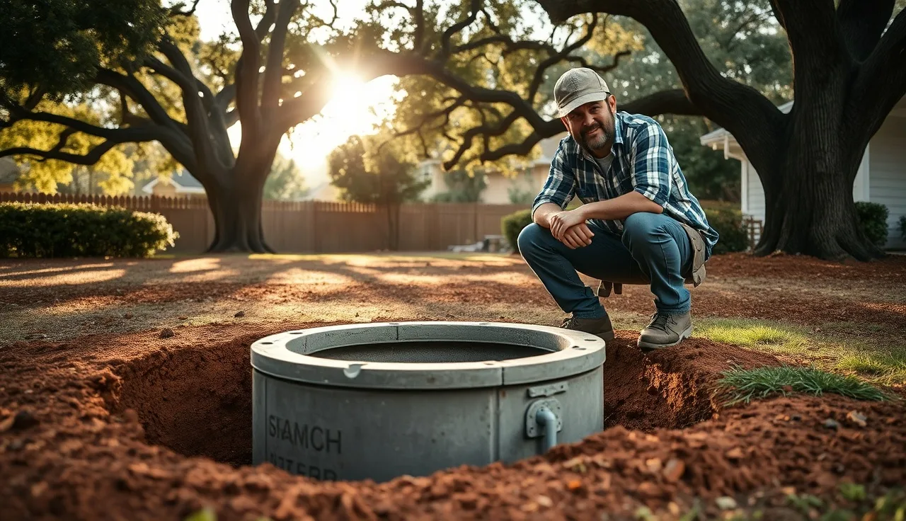 Septic inspector examining an open tank in a suburban Atlanta backyard