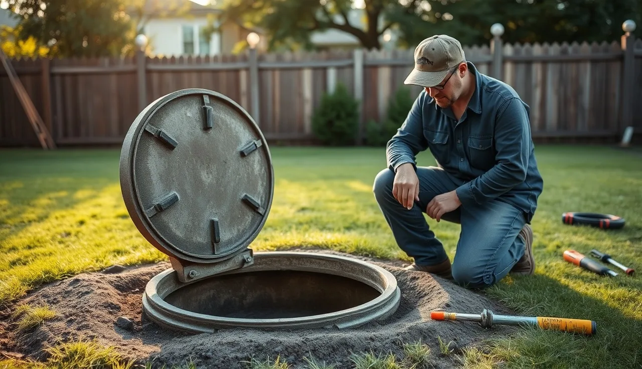 Septic inspector examining open tank lid during a Bay Shore property inspection