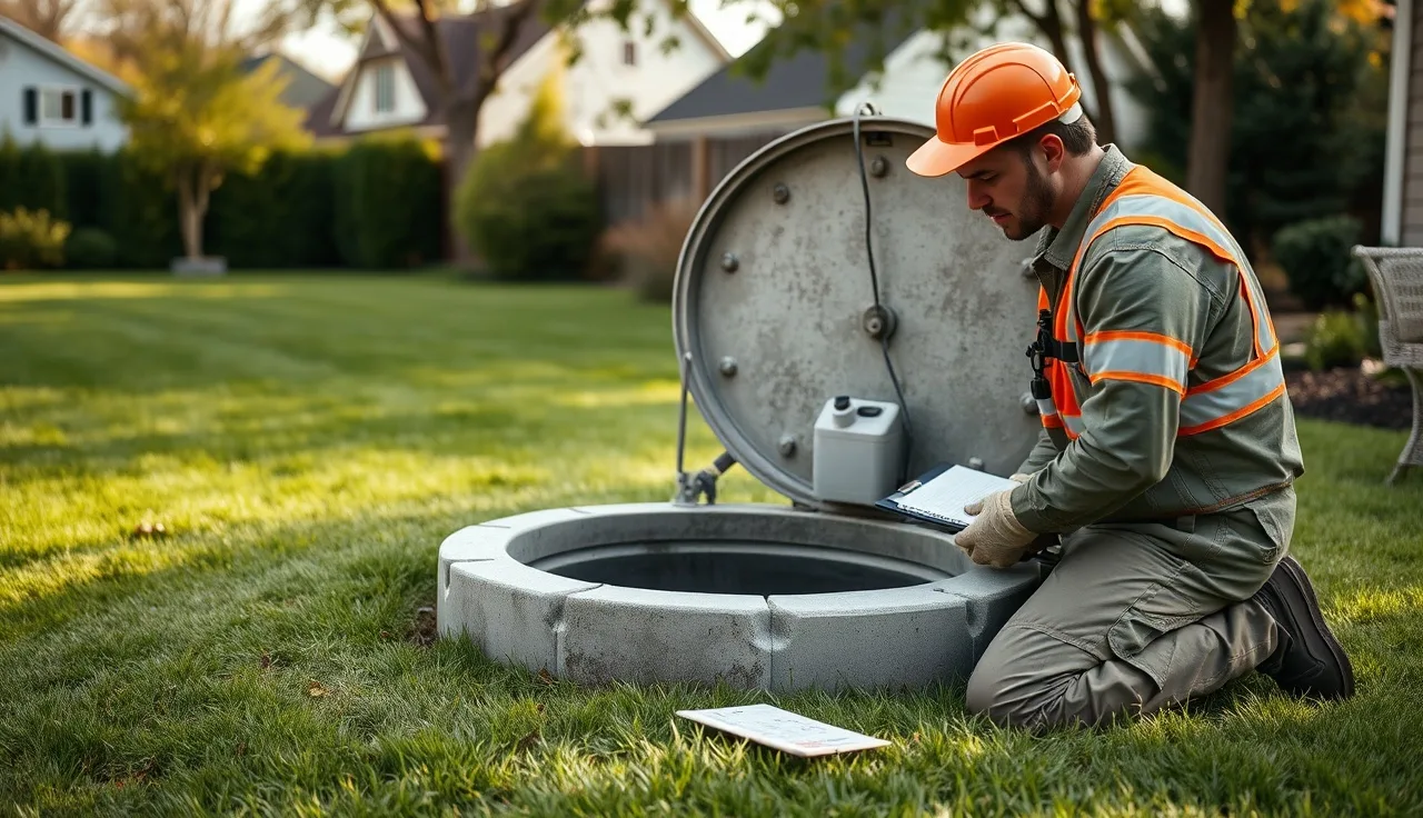 Septic inspector examining an open tank lid during a septic inspection in a suburban backyard
