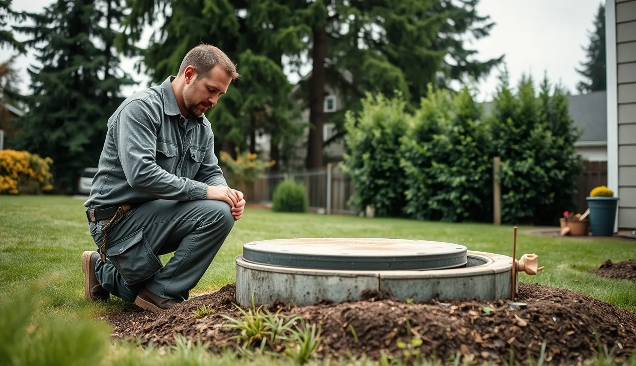 Septic inspector opening tank access lid during a backyard septic inspection in Bellingham