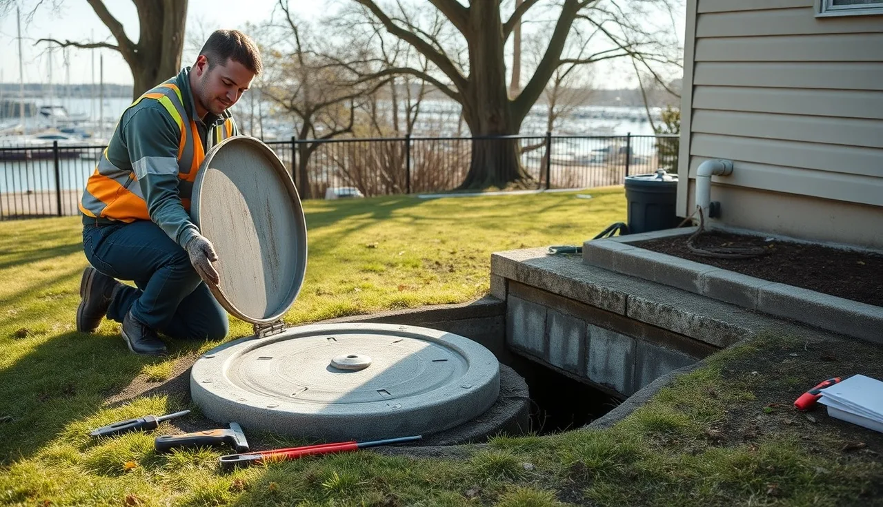 Septic inspector examining open tank lid in a Centerport yard near the water