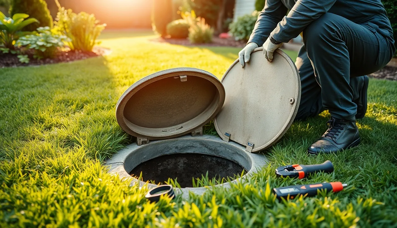 Technician inspecting an open septic tank access lid in a suburban Long Island backyard