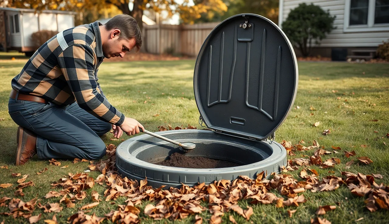 Septic inspector probing an open tank during a Coram NY property inspection