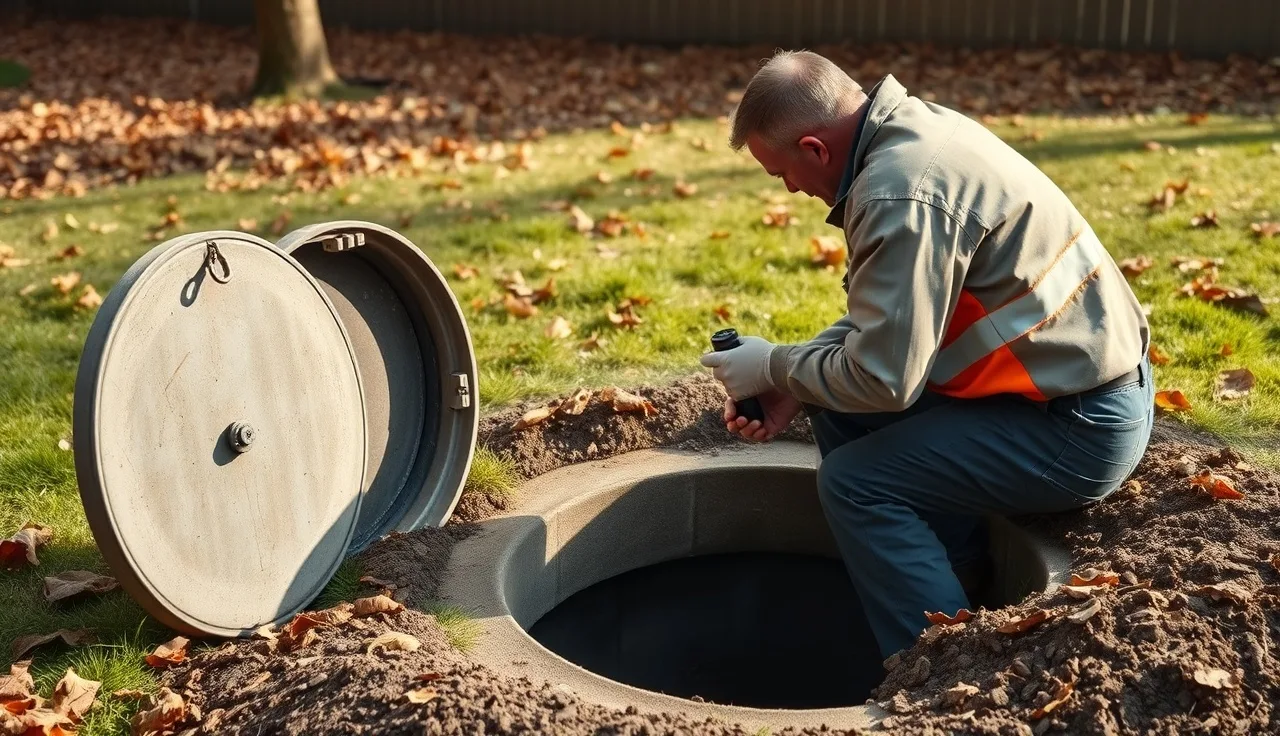 Inspector examining open septic tank access lid during a Connecticut septic inspection