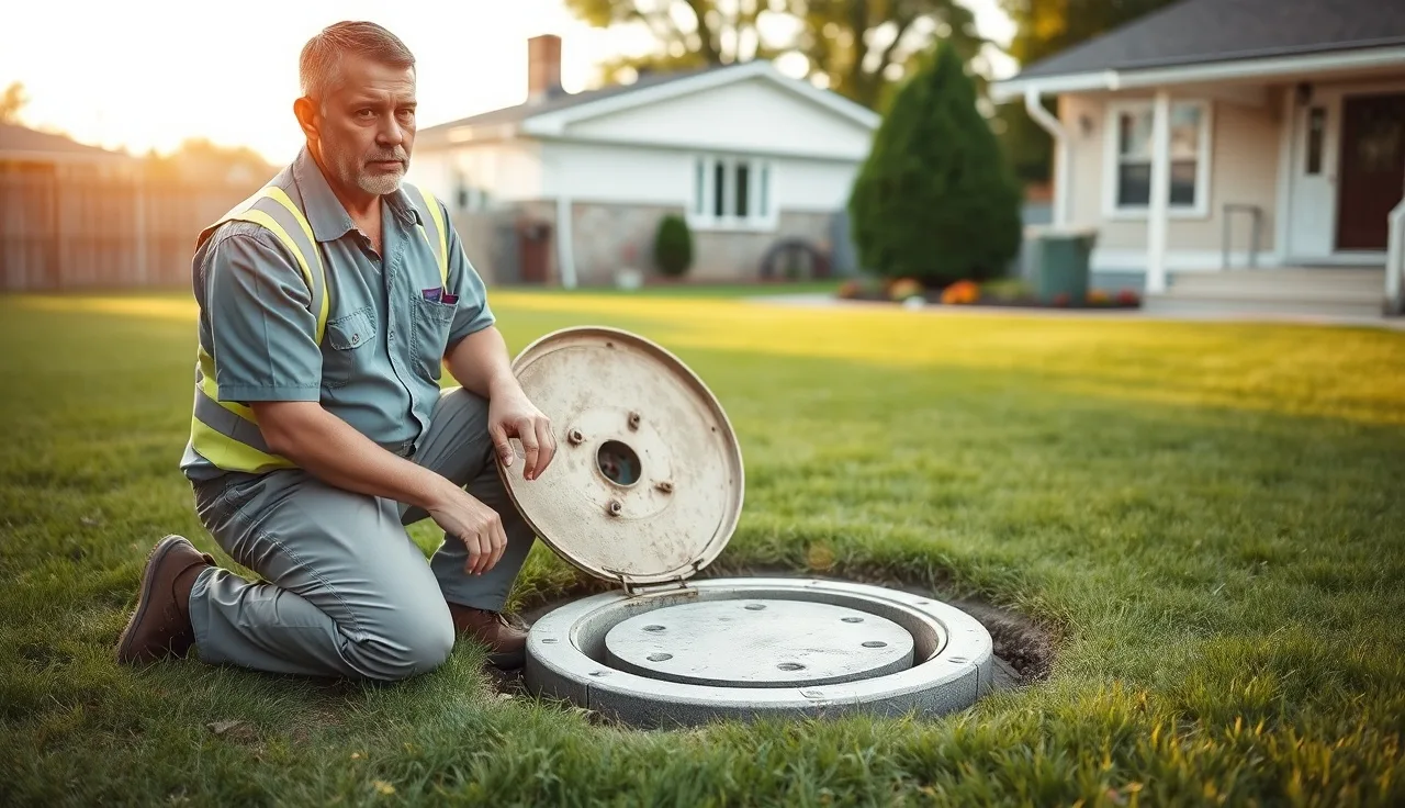 Septic inspector examining an open cesspool access lid during a Cutchogue home inspection