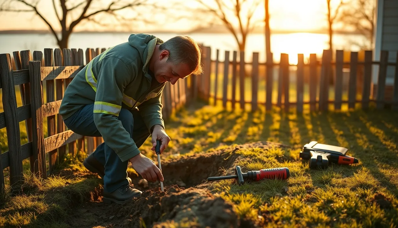 Septic inspector probing drain field soil at an East Marion waterfront property