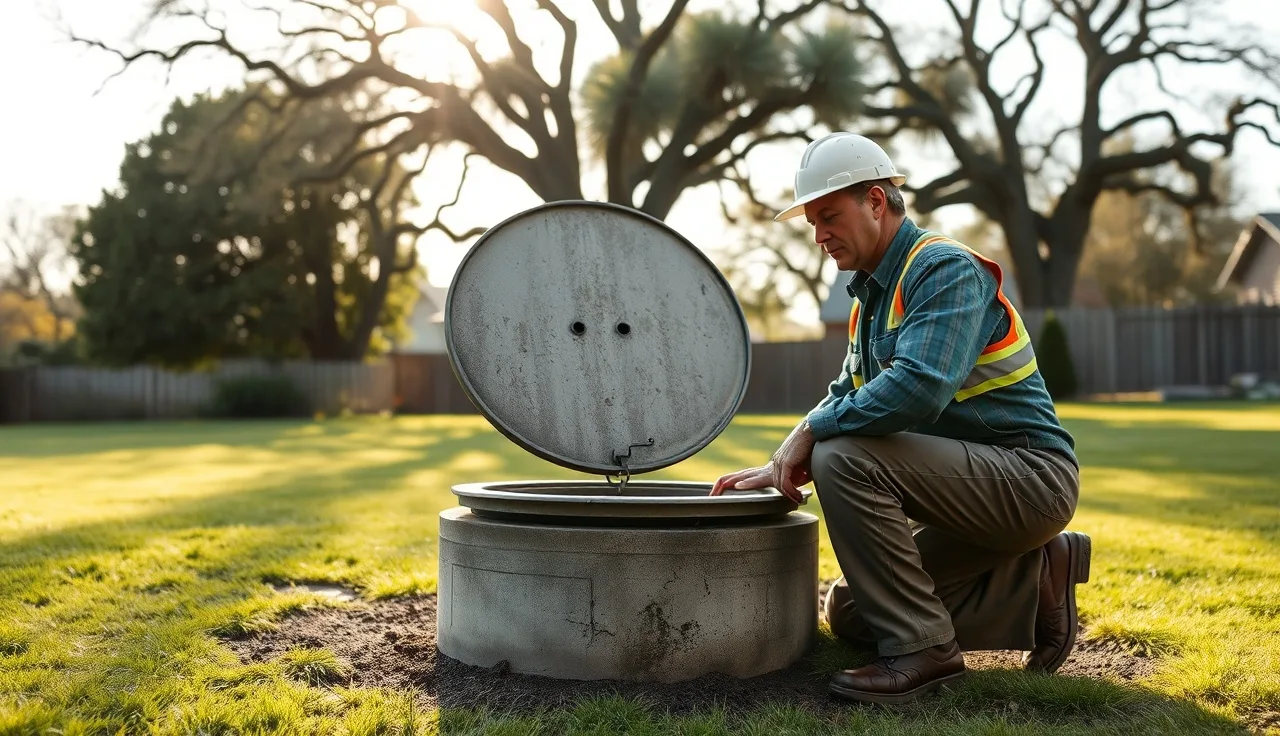 Septic inspector examining open tank lid during a backyard septic inspection