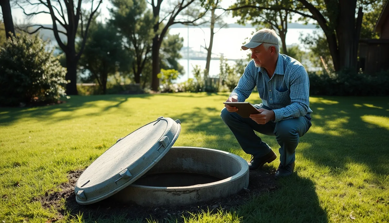 Septic inspector examining open tank lid during a Greenport property inspection