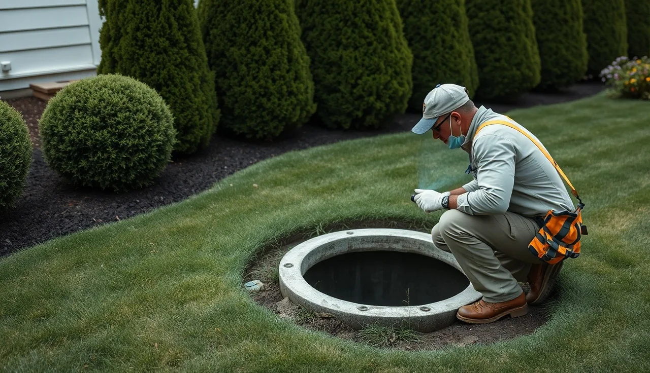 Technician inspecting open septic tank access port in suburban Long Island backyard