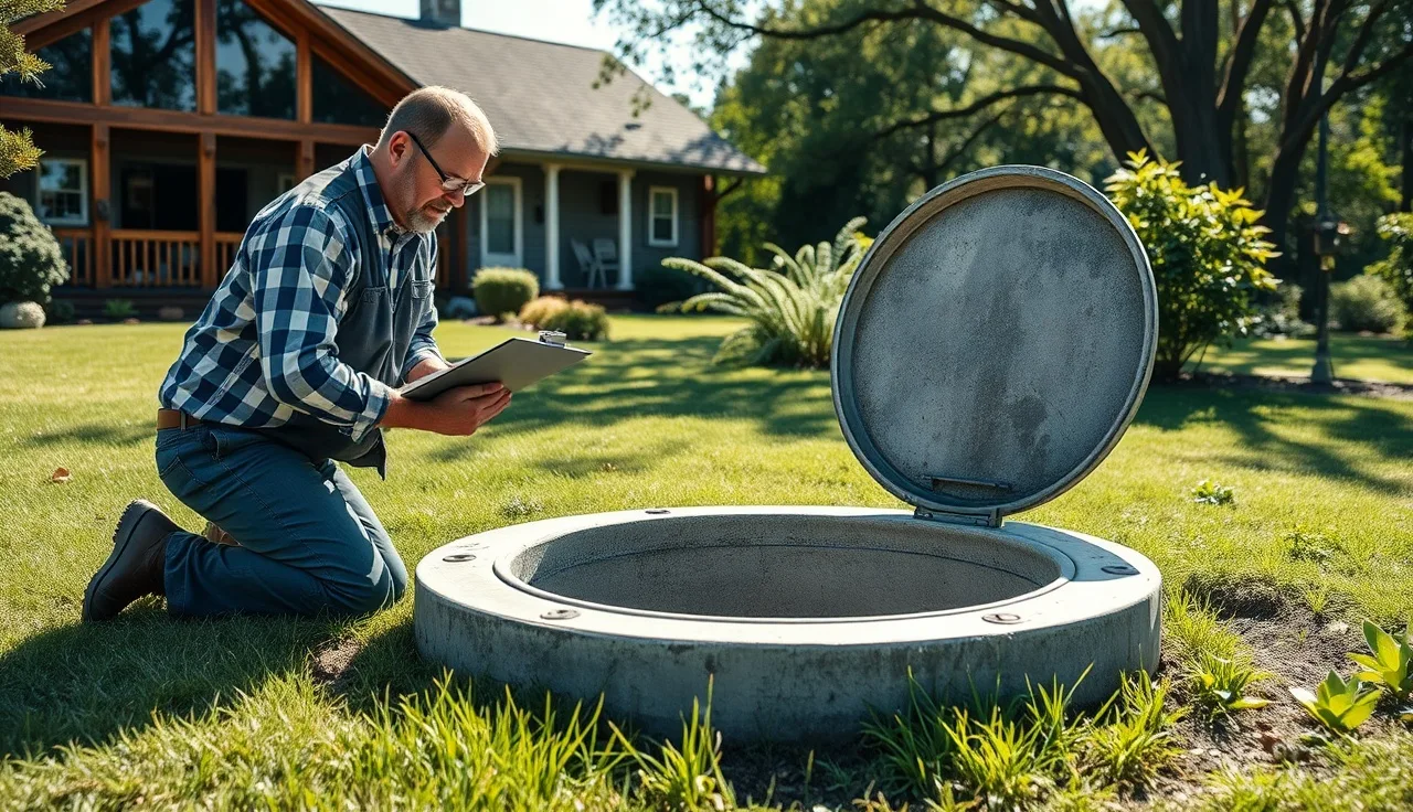 Septic inspector examining an open septic tank in a Jamesport backyard