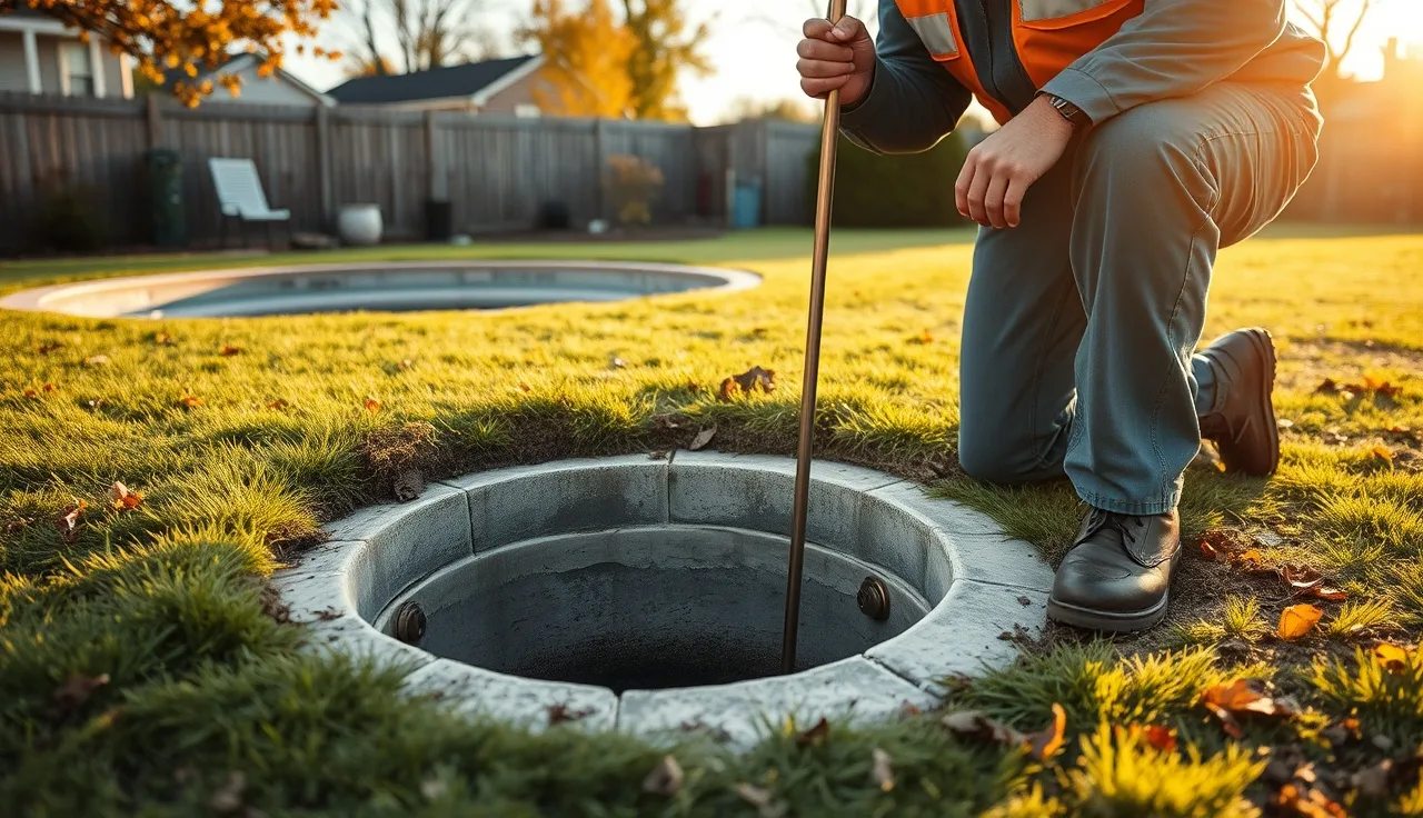 Septic inspector opening a concrete tank cover during a Mattituck property inspection