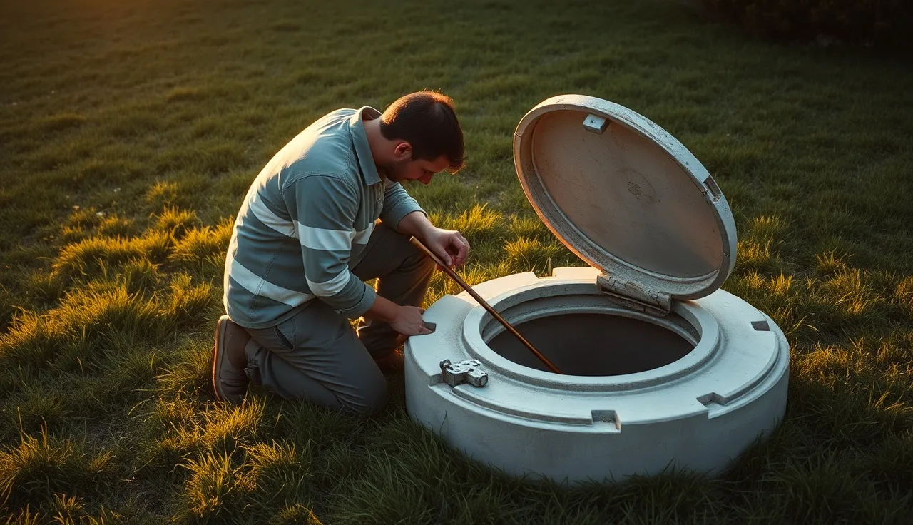 Septic inspector checking an open tank lid during a Montauk property inspection