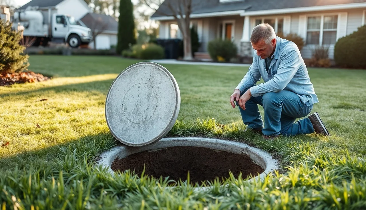 Inspector opening a septic tank lid during a septic inspection on Long Island