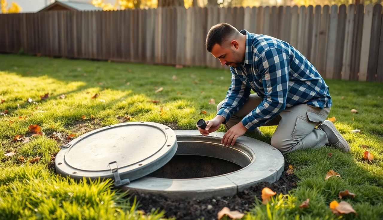 Septic inspector examining an open cesspool cover during a Nesconset property inspection