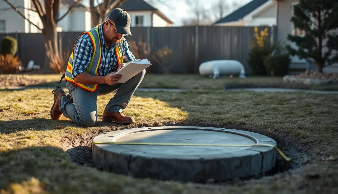 Septic inspector examining open cesspool access lid in North Babylon backyard