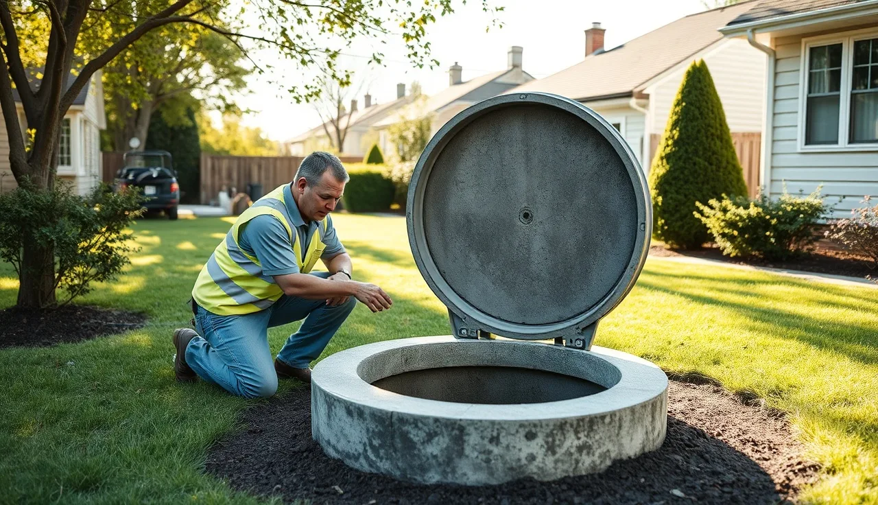 Inspector examining open septic tank lid in a Northport backyard during a morning inspection