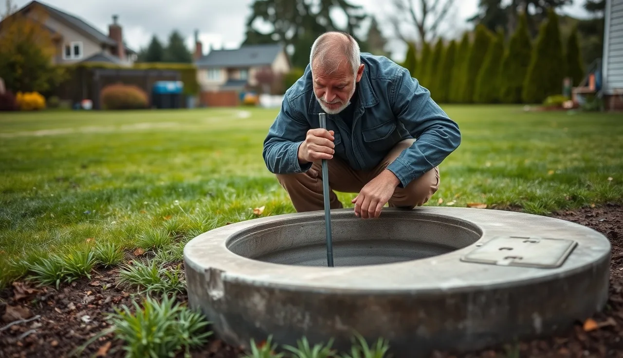 Septic inspector examining open tank lid during a residential septic inspection on Whidbey Island