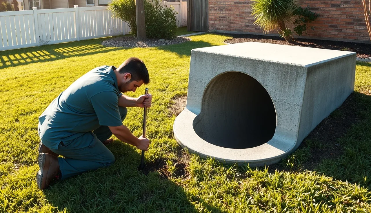 Septic inspector probing soil next to an open tank access port in Orlando backyard