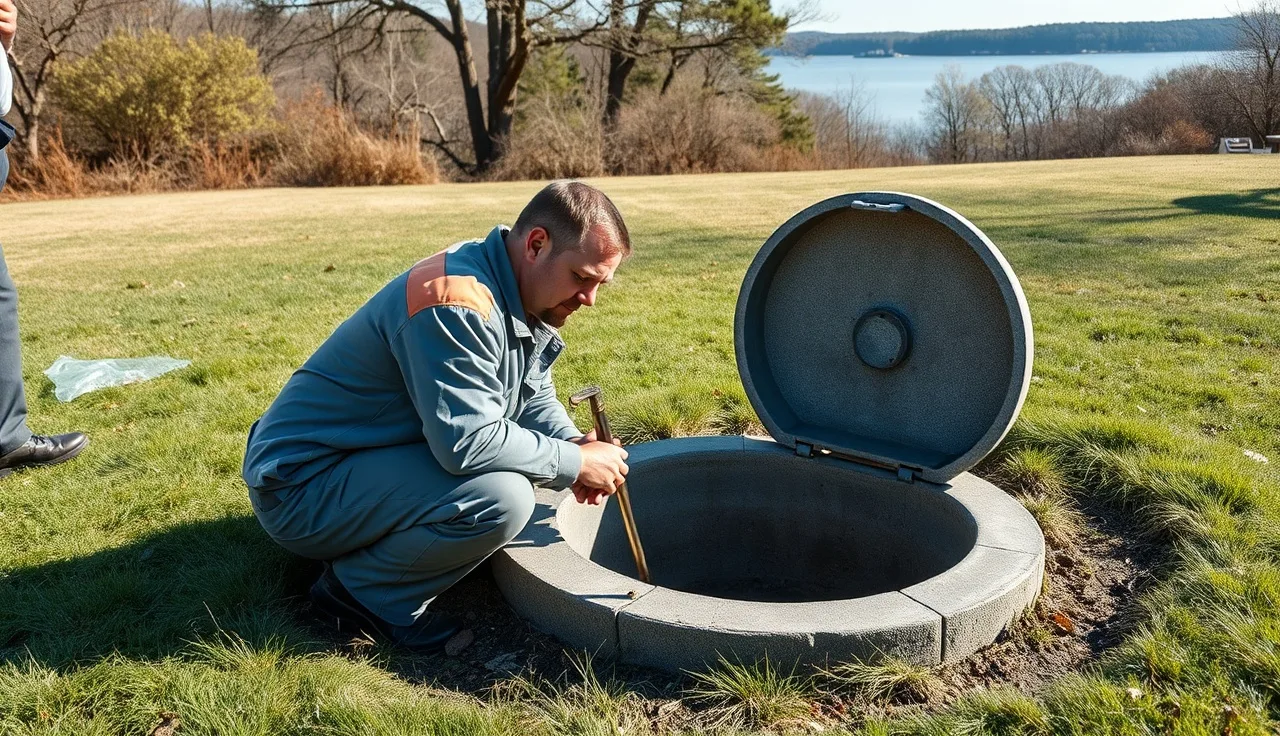 Septic inspector examining open tank lid in Peconic backyard near bay
