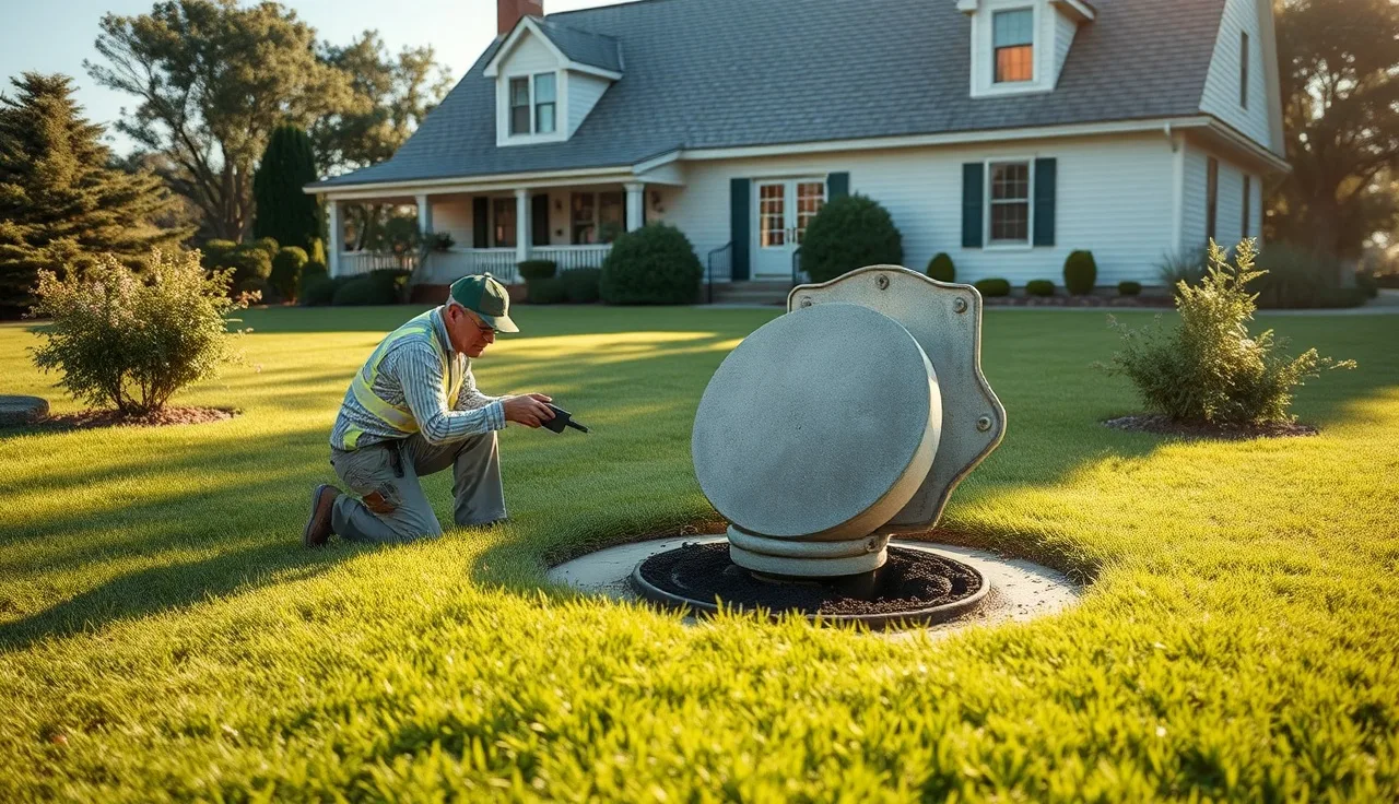 Septic inspector examining open tank lid on Sagaponack residential property