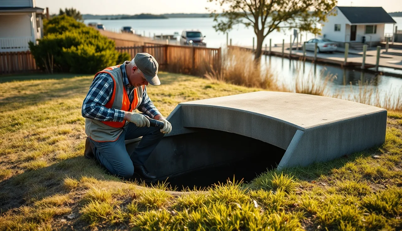 Inspector examining open septic tank lid near Shelter Island waterfront property