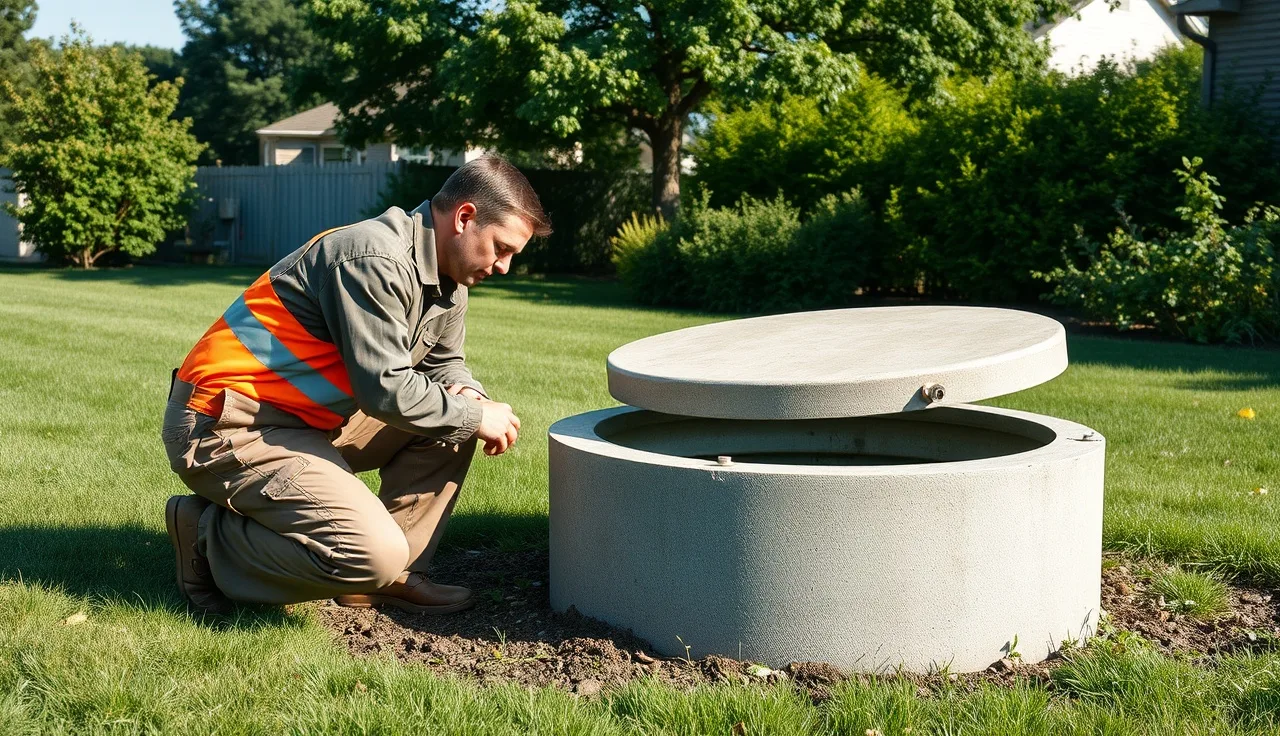Septic inspector examining an open tank lid during a Southampton property inspection