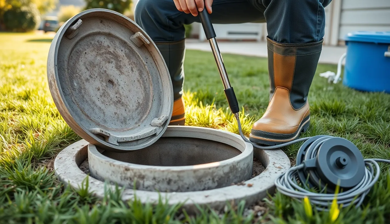 Septic inspector using locating wand beside open tank lid in backyard
