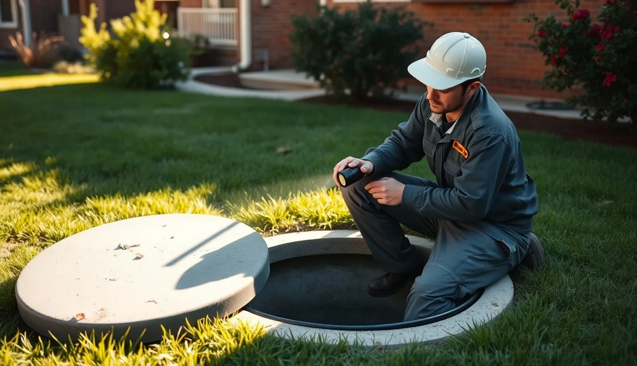 Septic inspector examining open tank during a home purchase inspection