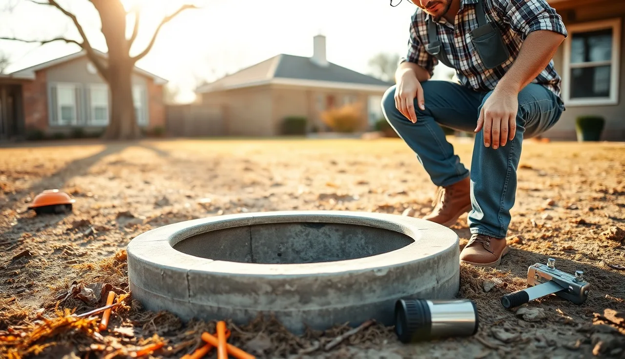 Septic inspector opening a concrete tank lid during a Fort Worth property inspection