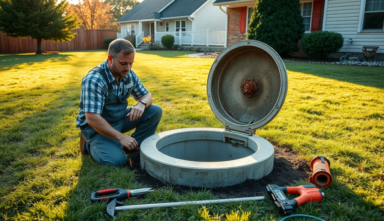 Technician inspecting an open septic tank in a northern Virginia backyard
