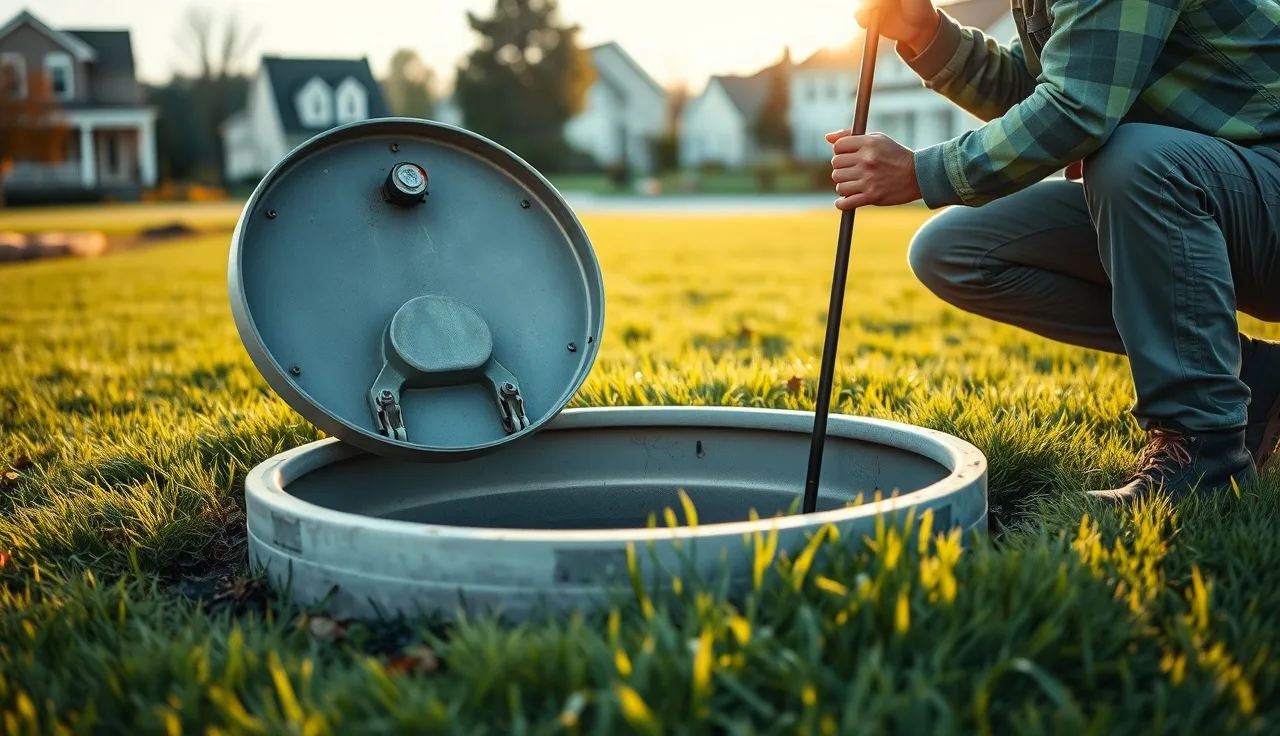 Technician inspecting open septic tank access lid in a suburban Virginia yard