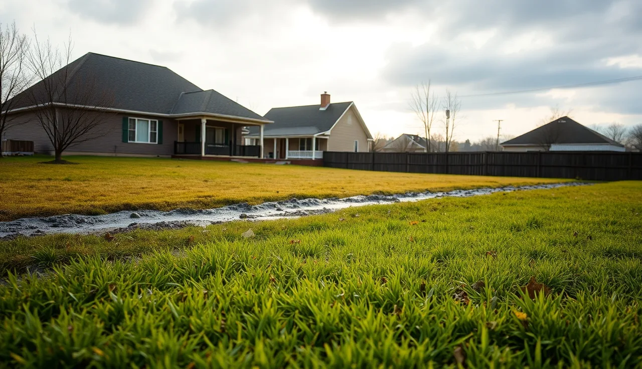 Standing water and soggy ground over a failing septic leach field in a residential backyard
