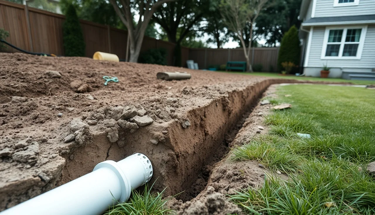 Freshly graded backyard trench with perforated pipe for septic leach field installation