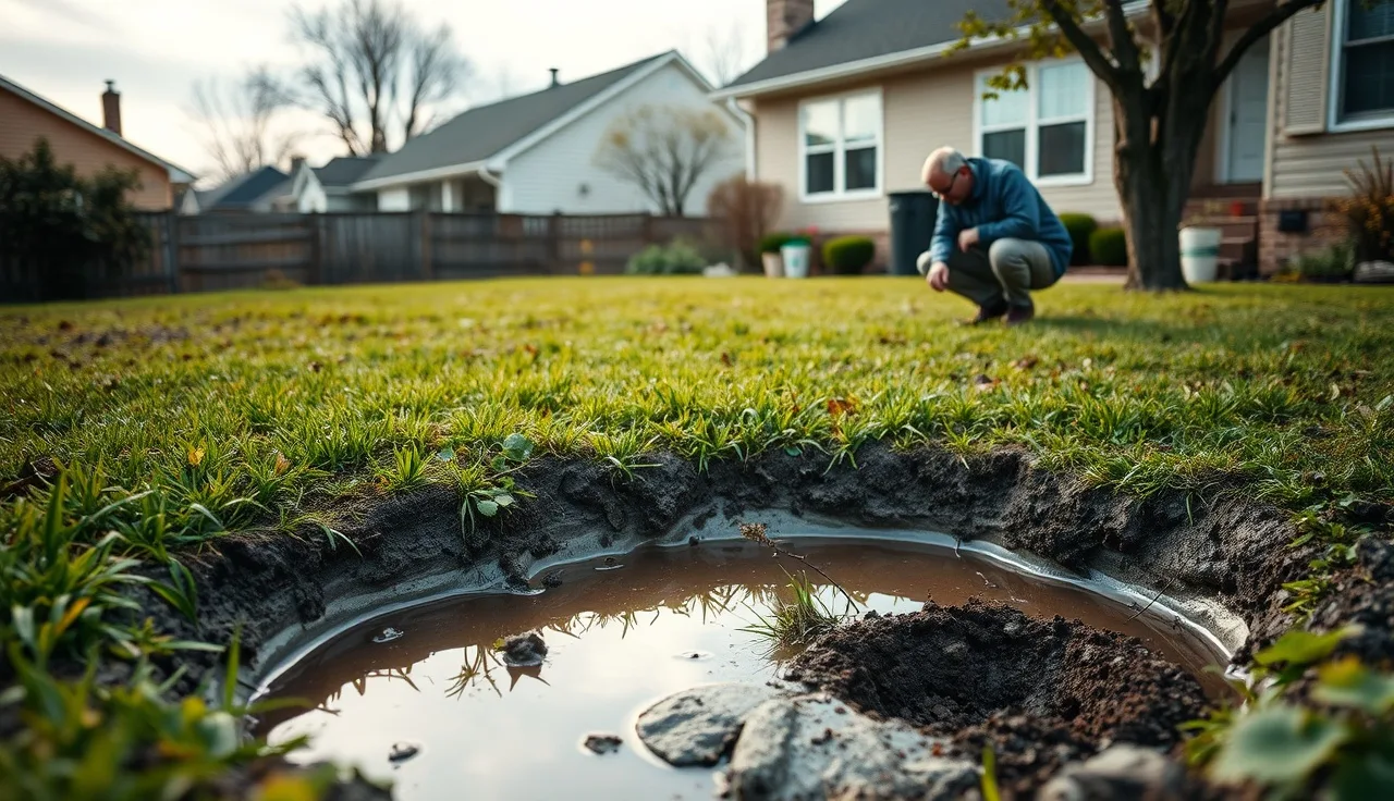 Wet soggy lawn above a failing septic leach field with standing water visible
