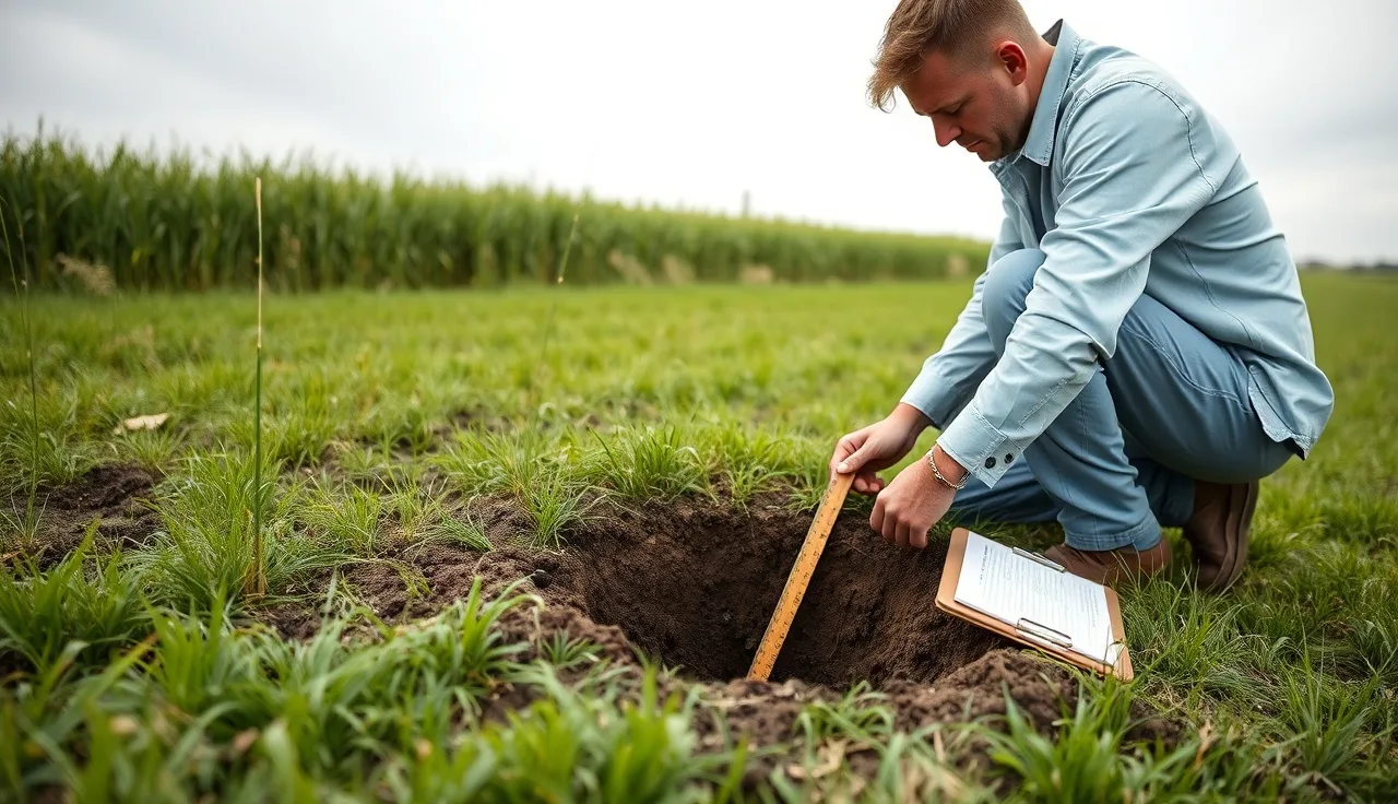 Soil scientist measuring water drainage in a perc test hole on a rural property