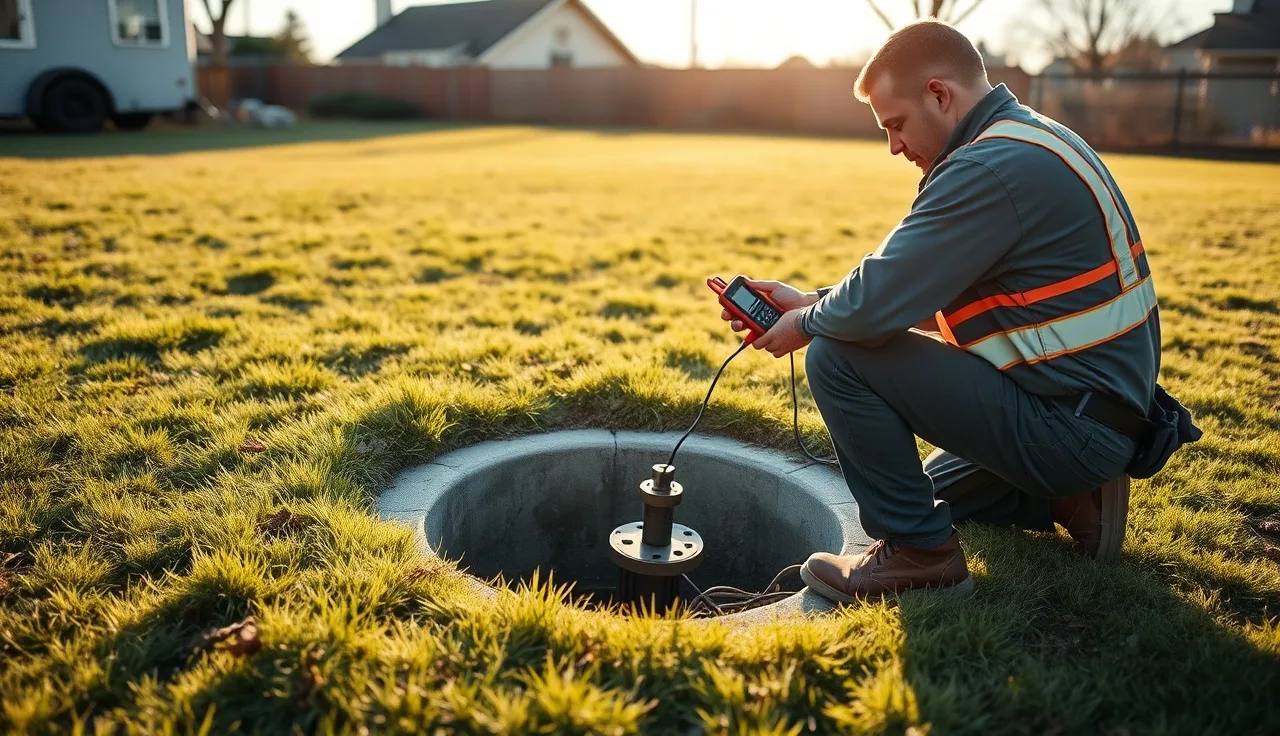 Technician inspecting a septic pump inside an open pump chamber in a backyard