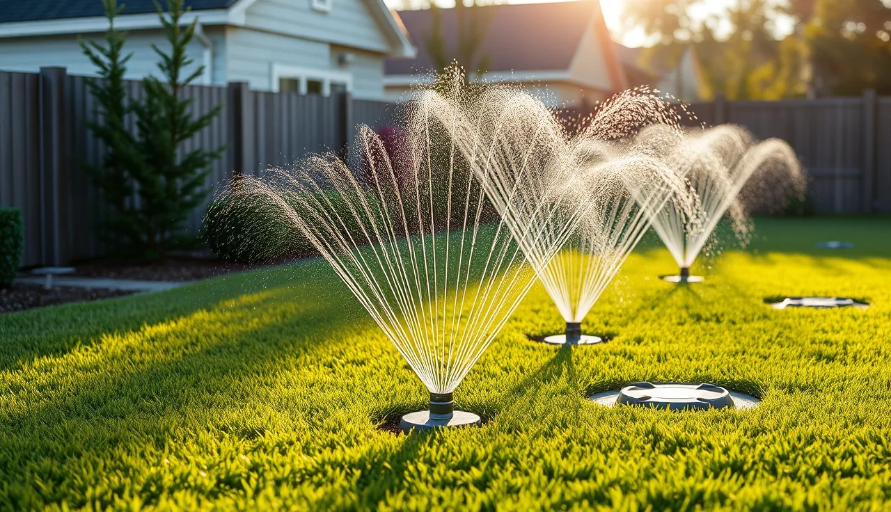 Aerobic septic sprinkler heads spraying water across a green suburban backyard lawn