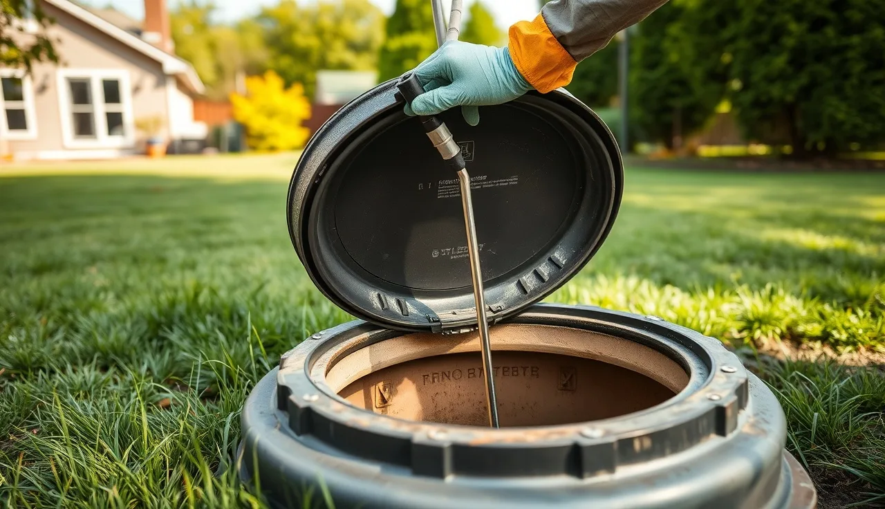 Septic tank open in a backyard with a technician inspecting it for additives and maintenance