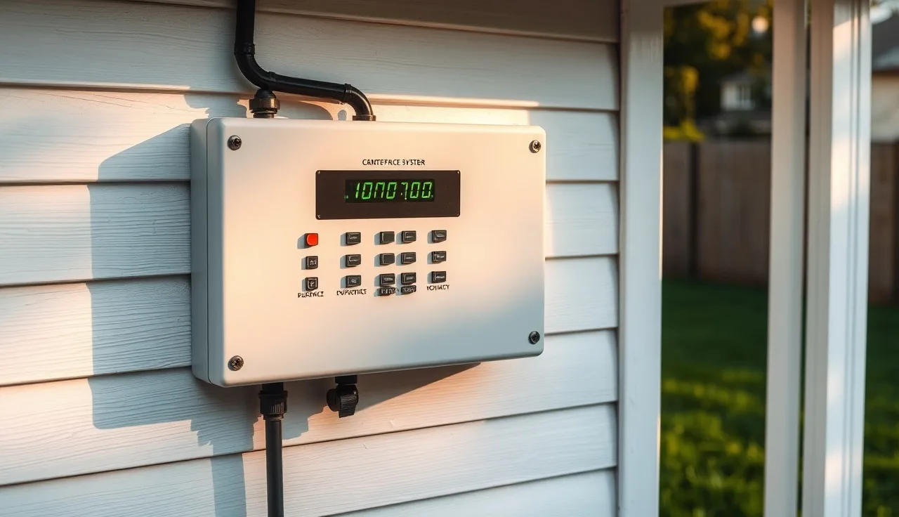 Septic system control panel with glowing indicator lights mounted on house exterior wall