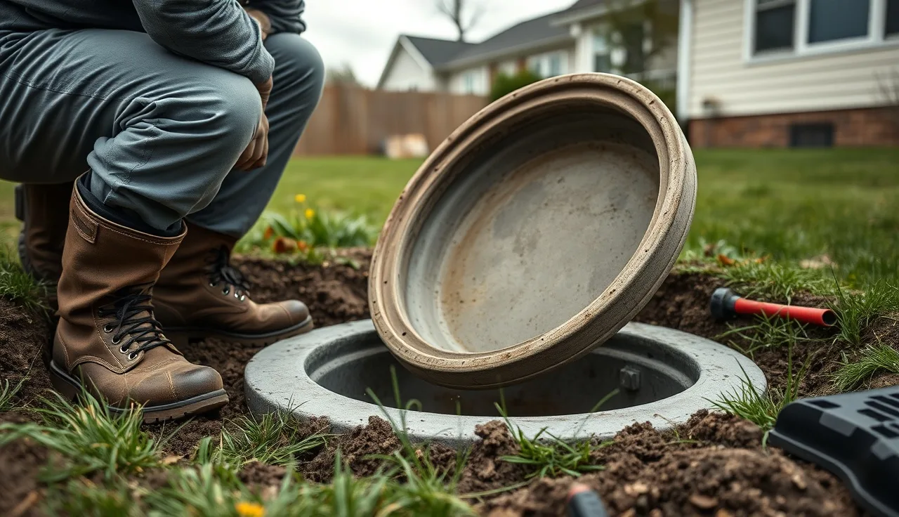 Septic technician inspecting an open septic tank lid during a backup service call