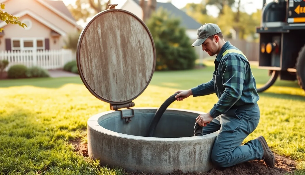 Technician inspecting open septic tank lid during routine pumping service