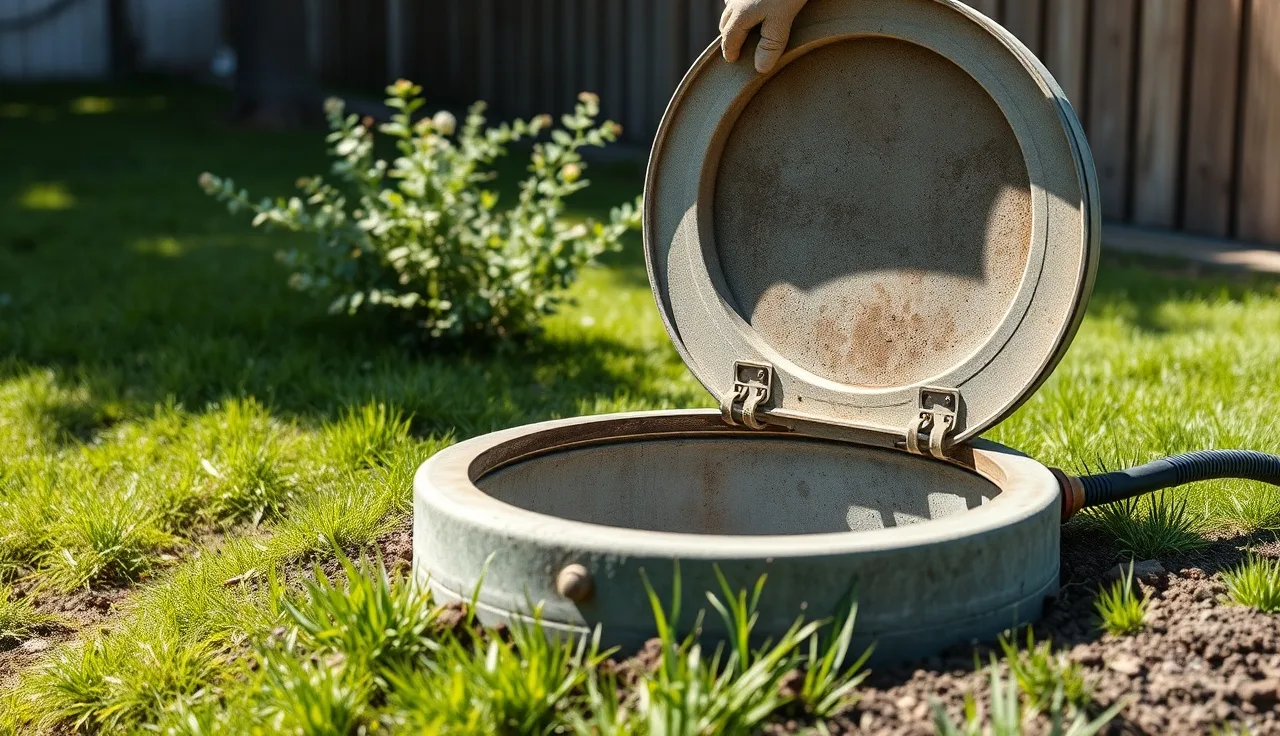 Open septic tank riser in a grassy yard during a routine inspection
