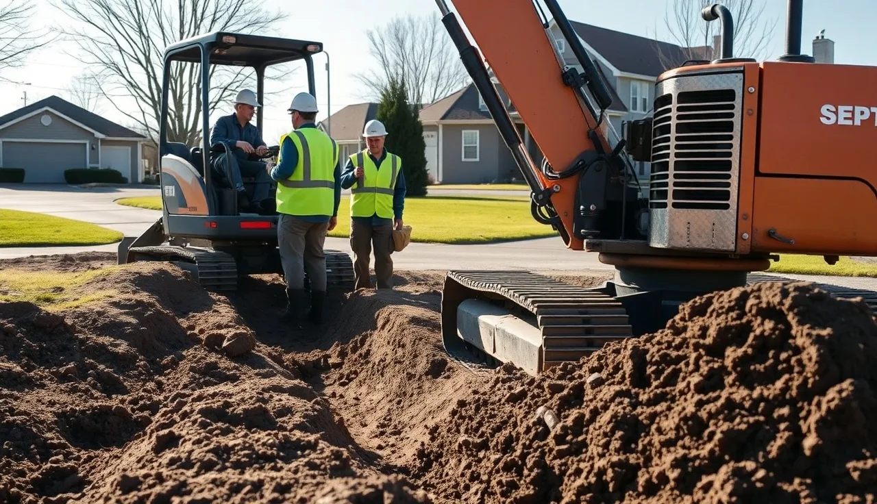 Septic contractor crew and excavator beside an open installation trench on a residential lot